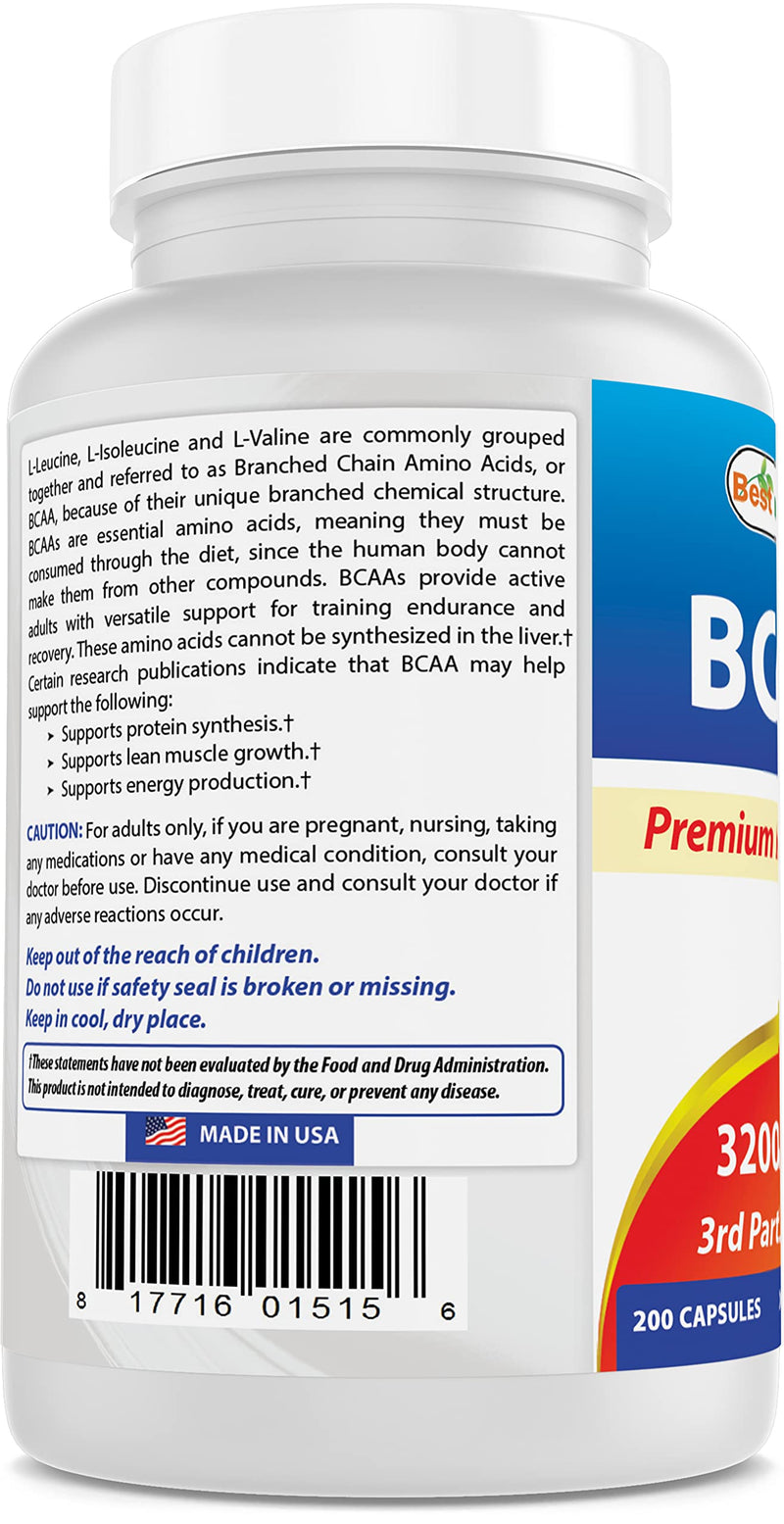 Best Naturals BCAA Branch Chain Amino Acid, 3200mg per serving, 200 Capsules - Pharmaceutical Grade - 100% Pure Instantized Formula | Pre/Post Workout Bodybuilding Supplement | Boost Muscle Growth - BeesActive Australia