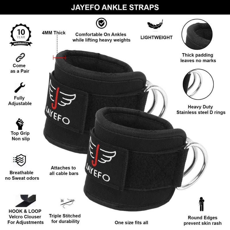 Jayefo Ankle Straps Padded for Cable Machine Attachment Leg Kickback Pulley Workout Pair Ankle Cuffs for Hips Hamstrings Quads Abs Glutes Workout for Women & Men Adjustable. (Black) - BeesActive Australia