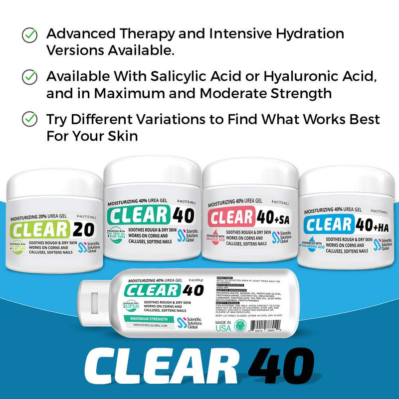 CLEAR 40 +SA, 40% Urea Gel + 2% Salicylic Acid, 4 oz w/Tea Tree & Coconut Oil, Aloe Vera, Callus & Corn Remover Softens Cracked Heels, Feet, Elbows, Hands, Nails, Superior hydration to Urea Creams - BeesActive Australia