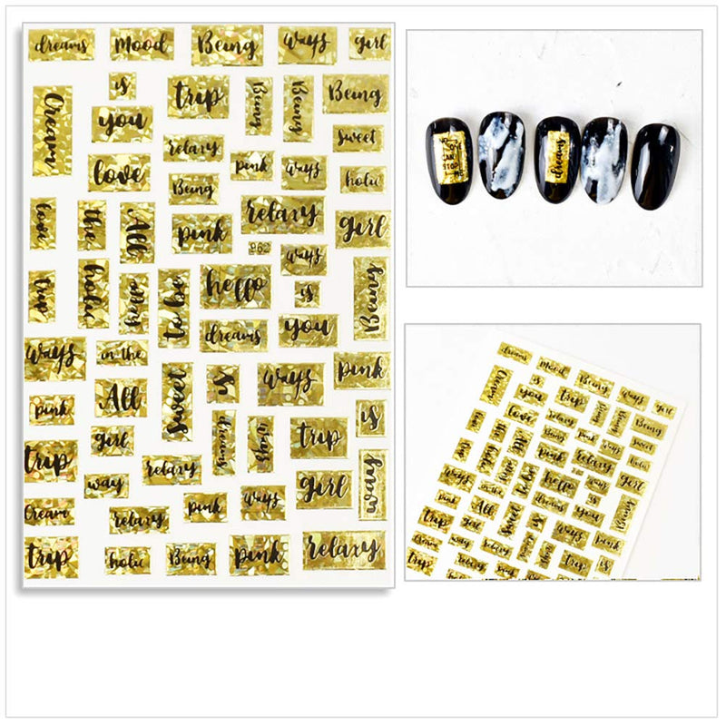 Nail Art Stickers 6 Sheets Bronzing Letter Nail Art Stickers 5D Old English Letter Words Nail Decal Design for Women Girls Manicure Tips Wraps Decoration Supplies - BeesActive Australia