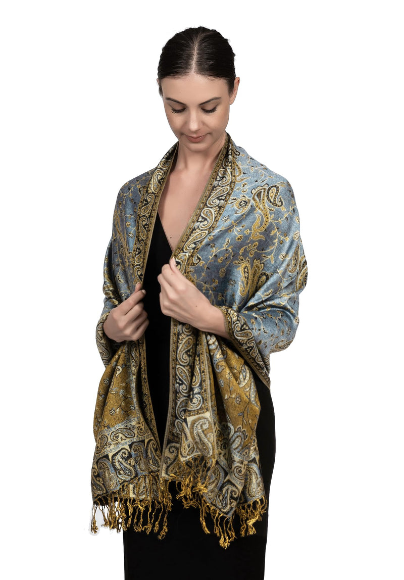 Achillea Soft Silky Reversible Paisley Pashmina Shawl Wrap Scarf w/Fringes Steel Blue - BeesActive Australia