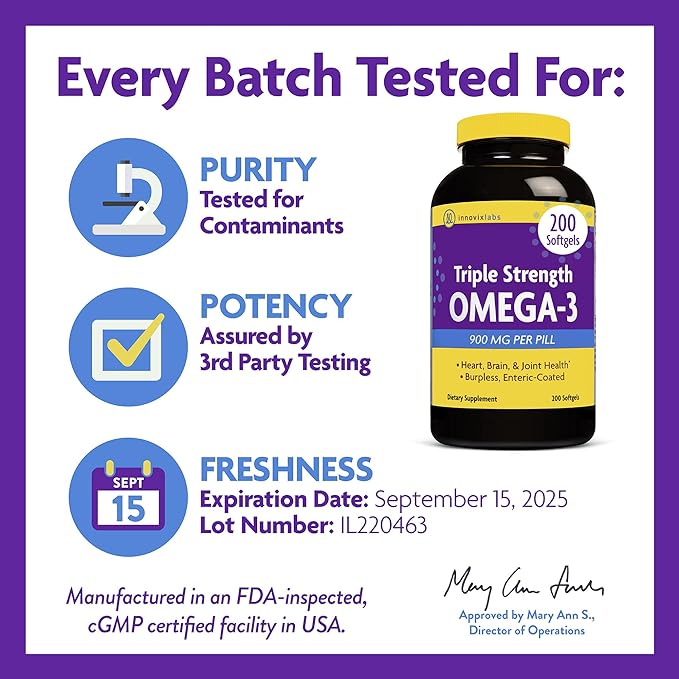 InnovixLabs Triple Strength Omega-3, 200 Capsules, Concentrated Fish Oil, 900 mg Omega-3 per Pill, Enteric Coated, Odorless & Burp-Free, GMO-Free, Gluten-Free, InnovixLabs Omega-3 Fish, Omega-3 Triple - BeesActive Australia