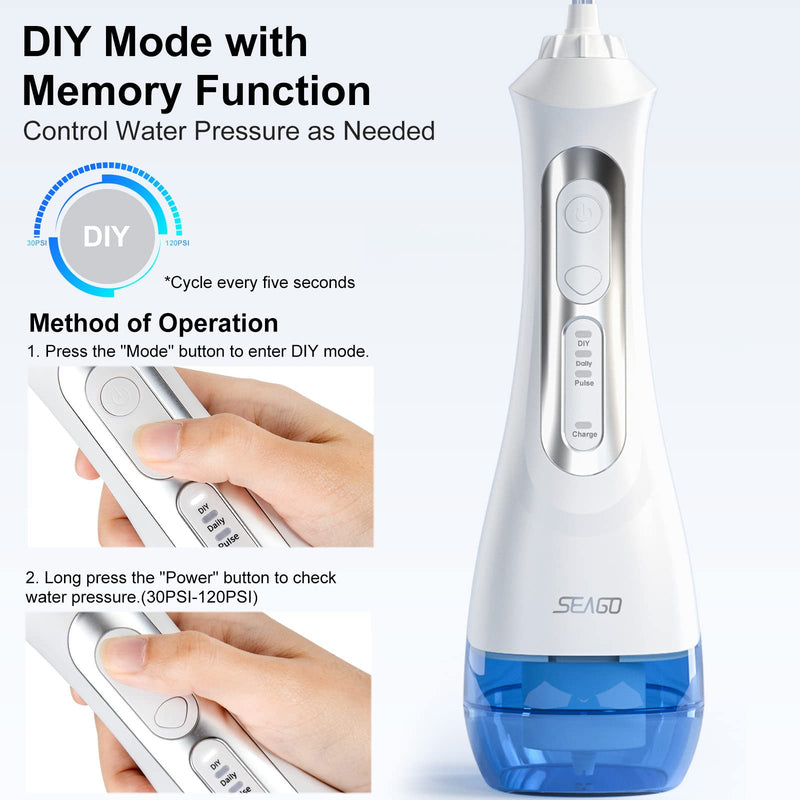 Water Flossers for Teeth Cordless, Seago Water Flosser Rechargeable Oral Irrigator Plaque Remover for Teeth with DIY Modes, 5 Jet Tips, IPX7 Waterproof Dental Water Jet Flosser for Travel&Home(White) White - BeesActive Australia