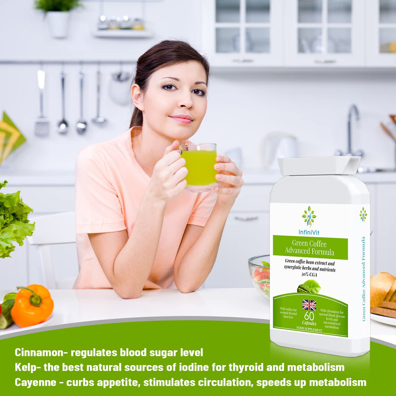 Green Coffee Advanced Formula - 50% Chlorogenic Acid CGA with Cinnamon, Cayenne, Iodine and Chromium - 60 Capsules, Beneficial for Weight Loss, Appetite Control, Energy Level - BeesActive Australia