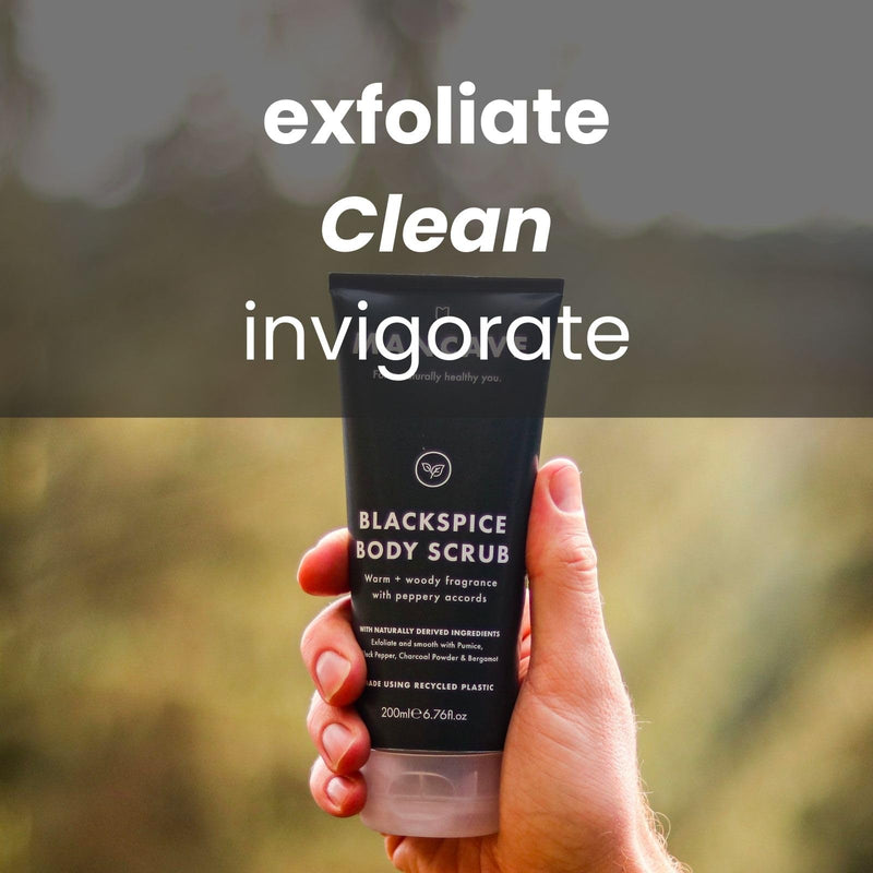 ManCave Blackspice Body Scrub 200ml for Men, Warm & Woody Aroma, Exfoliate & Cleanse Skin with Pumice and Charcoal Powder Scrub, Natural Formulation, Vegan Friendly, Made in England 200 ml (Pack of 1) - BeesActive Australia