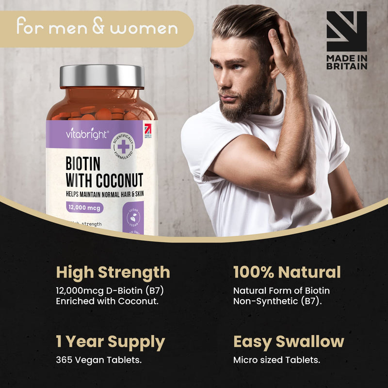 Biotin for Hair Growth, Skin and Nails - 12,000mcg High Strength - 365 Tablets (1 Year Supply) - Enriched with Coconut Oil Powder - Natural D-Biotin (Biologically Active) - Made in UK by VitaBright - BeesActive Australia