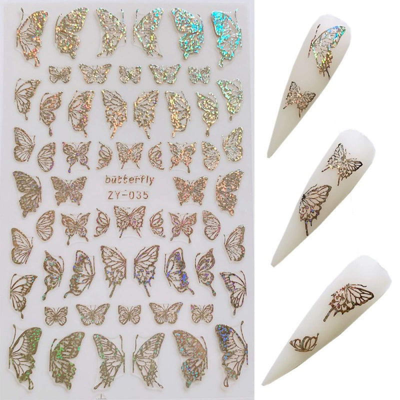 YESORNO 8 Sheets Gold Nail Art Stickers Metallic Butterfly Nail Stickers Manicure Adhesive DIY Nail Decals Laser Silver Nail Sticker A-1 - BeesActive Australia