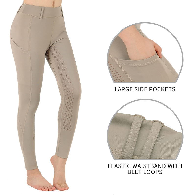beroy Horseback Riding-Pants Girls Equestrian-Breeches - Kids Schooling Horse Tights Full Seat Silicone Pockets Khaki Small - BeesActive Australia