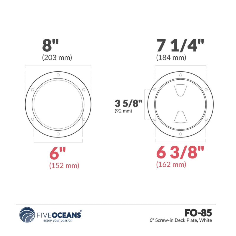 [AUSTRALIA] - Five Oceans Marine Round Inspection Deck Plate Hatch with Detachable Smooth Center, Water Tight for Outdoor Installations, 4, 5, 6, 8 inches White. 6" Deck Plate 