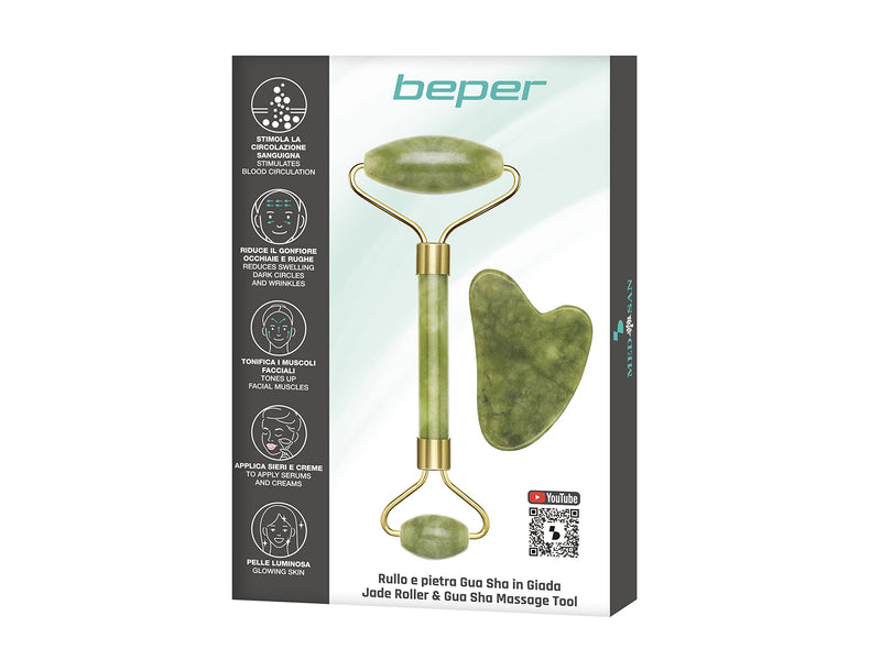 BEPER C301ABE101 Roller and Stone Gua Sha in Jade, Jade Roller & Gua Sha Massagge Tool, Facial & Body Massage, Relaxing, Remodeling & Age - BeesActive Australia