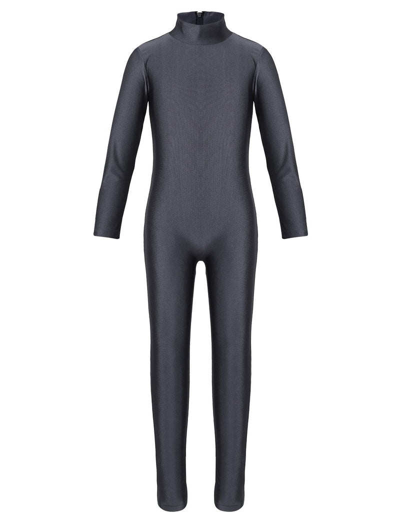 [AUSTRALIA] - dPois Kids Girls' Long Sleeves Full Length Gymnastics Workout Jumpsuit Leotard Catsuit with Back Zipper Dark Gray 5-6 