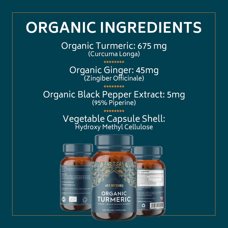 Ayurvediq Wellness, 120 caps Organic Turmeric Ginger and Black Pepper Capsules Curcumin capsules, Ginger Supplement, Ginger Capsules, Turmeric and Black Pepper Capsules, Gluten Free, Dairy Free, Vegan - BeesActive Australia
