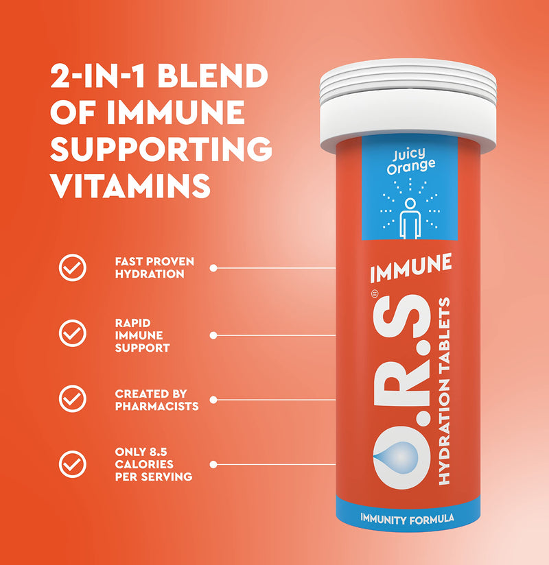 O.R.S Immune Vitamin C Hydration Tablets with Electrolytes, Immune System Booster with Vites & Minerals, Vegan, Gluten & Lactose Free � Soluble Sports Oral Rehydration, Natural Orange Flavour, 20 Tabs - BeesActive Australia