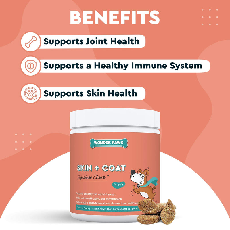 Wonder Paws Skin & Coat Supplement for Dogs with Salmon Oil, Omega 3 & 6, EPA & DHA, Promotes Healthy Skin and Coat, Itchy Relief, Joint and Overall Health, Delicious Flavor, 70 skin & coat Soft Chews - BeesActive Australia