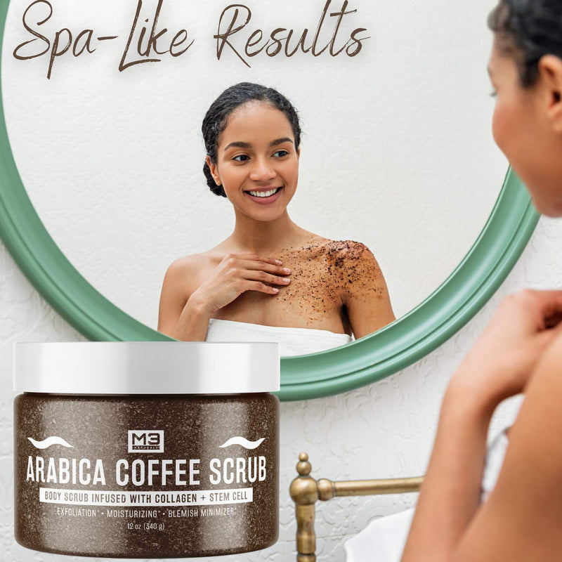 M3 Naturals Arabica Coffee Body Scrub Infused Collagen & Stem Cell - Best Natural Body Scrub, Facial Exfoliator, Anti Cellulite Scrub, Stretch Marks & Spider Vein Treatment 12oz - BeesActive Australia