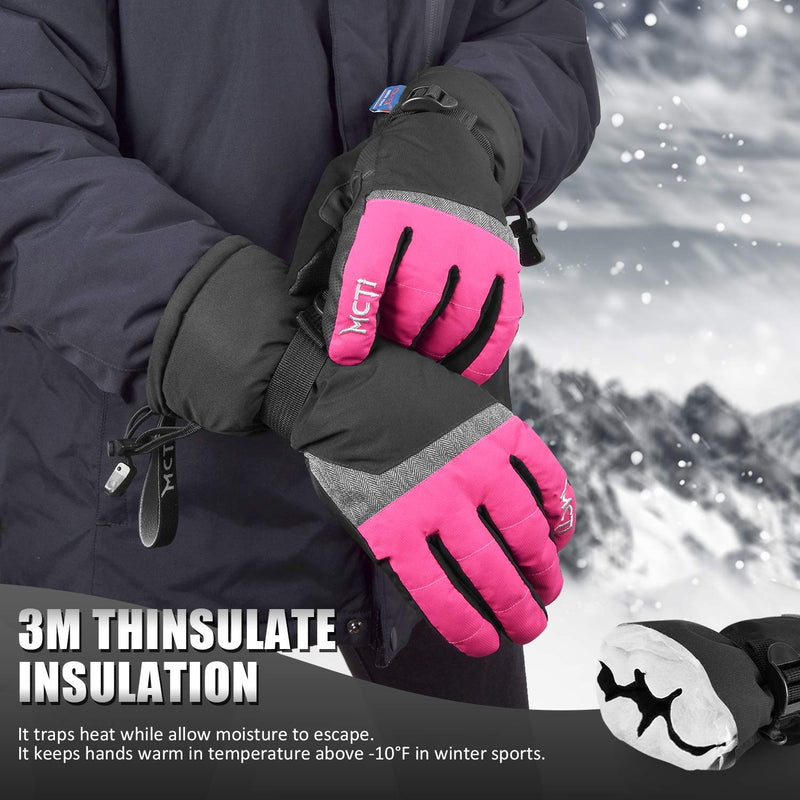 MCTi Ski Gloves,Winter Waterproof Snowboard Snow 3M Thinsulate Warm Touchscreen Cold Weather Women Gloves Wrist Leashes Rose Red Medium - BeesActive Australia