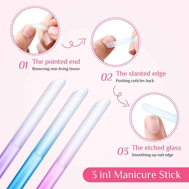 6 Pieces Glass Cuticle Pusher Nail File Set Double Sided Crystal Glass Nail Files Manicure Pedicure Precision Filing Cuticle Remover (Pink, Blue, Purple) Pink, Blue, Purple - BeesActive Australia