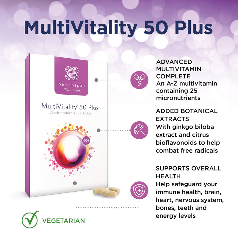 Healthspan Multivitamin 50 Plus (180 Tablets) | Advance Multivitamin for over-50's | Immune Health Support | 13 Vitamins & 12 Minerals | Ginkgo Biloba & Citrus Bioflavonoids | Vegetarian 180 Count (Pack of 1) - BeesActive Australia