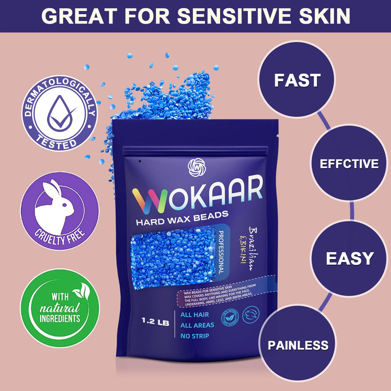 Wokaar NEW 1.2lb Hard Wax Beads Bag- Removes Hair Easily- Chamomile Hypoallergenic Wax Beans for Sensitive Skin- Peel-Off Wax- No Strips Needed blue - BeesActive Australia