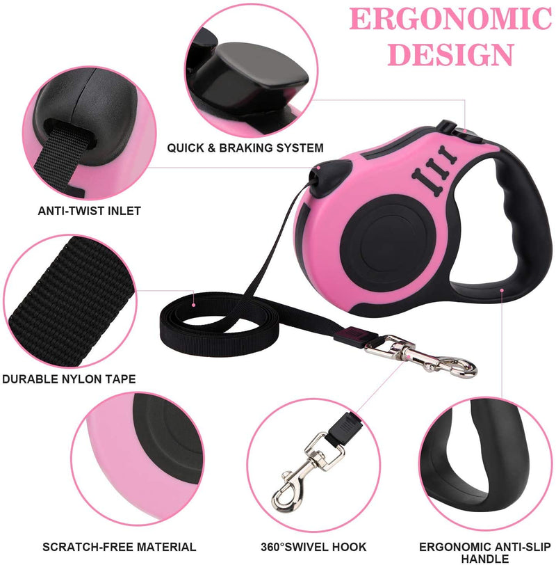 Retractable Dog Leash with Non-Slip Handle, Walking Leash for Small/Medium/Large Dog or Cat, Tangle Free Strong Nylon Tape, One-Handed Brake, Pause, Lock Pink S - BeesActive Australia