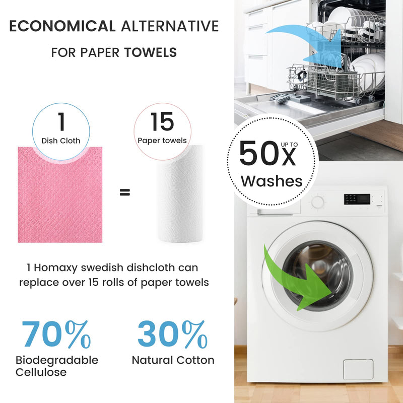 Homaxy Swedish Dishcloths for Kitchen, 10 Pack Reusable and Eco-Friendly Cellulose Sponge Cloths Dish Towels, Absorbent and No Odor Paper Towels for Dishes ＆ Counters, Pink Pack of 10 - BeesActive Australia