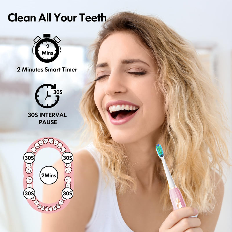 Dada-Tech Sonic Electric Toothbrush for Adults and Kids with 9 Brush Heads, 5 Modes with 2 Minutes Timer, IPX7 Waterproof, Ultrasonic Travel Toothbrush with Rechargeable Power and Fast Charging (Pink) Pink - BeesActive Australia