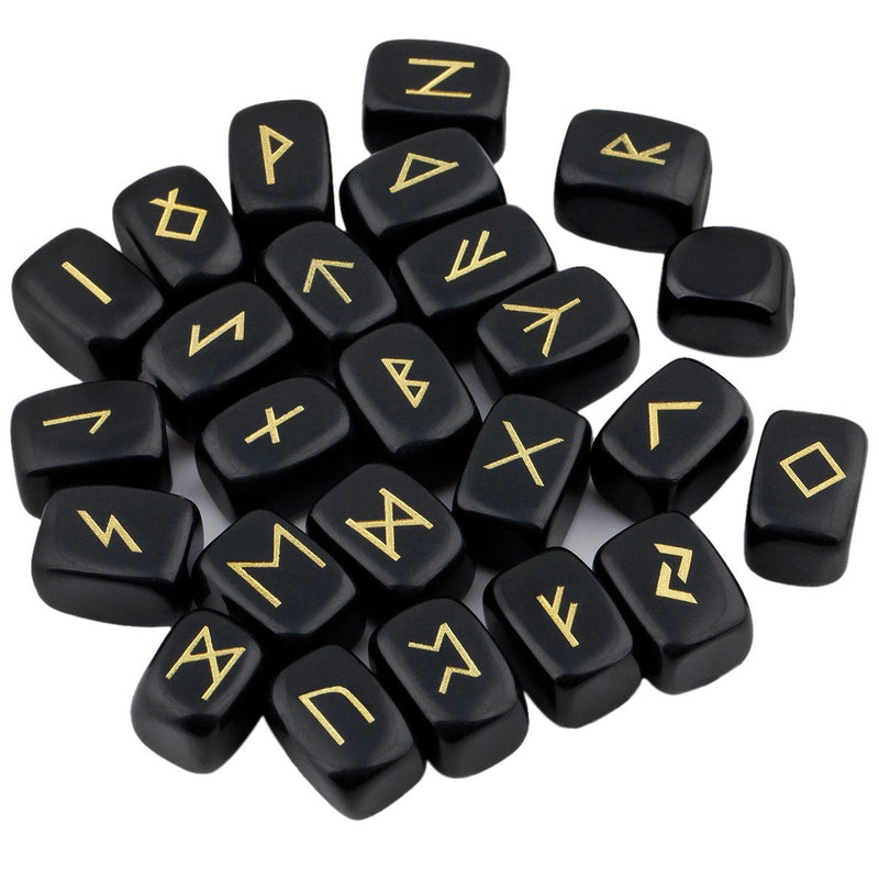 mookaitedecor Natural Black Obsidian Runes Stones Set of 25, Viking Norse Runes with Elder Futhark Alphabet Symbol for Divination Healing Crystal Witchcraft Pagan Supplies Spiritual Gift Room Decor #01-black Obsidian - BeesActive Australia