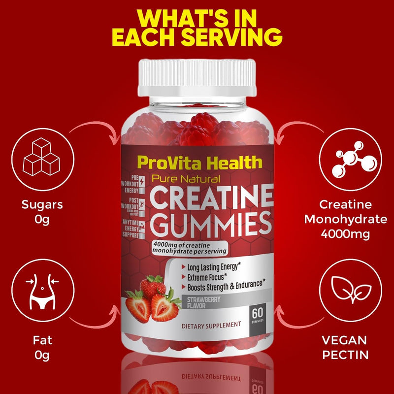ProCreatine Monohydrate Gummies 4000mg for Men & Women - 60 Chewable Creatine Gummies Strawberry Flavoured Creatine | Pre Workout Gym Supplement| Keto | Vegan | (1 Month Supply) - BeesActive Australia