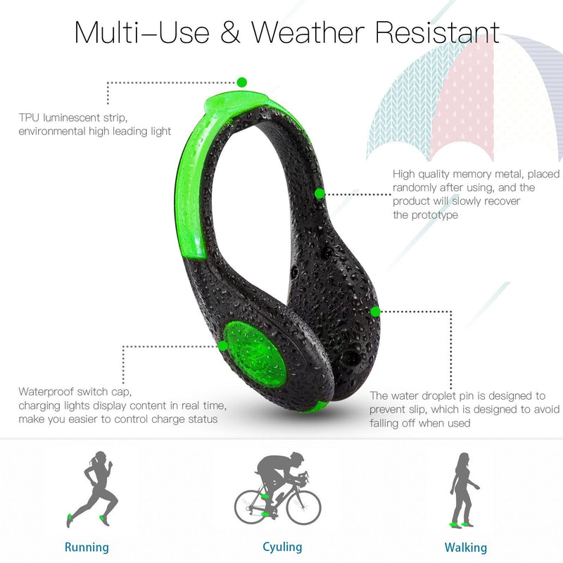 SLDHR LED Shoes Clip Lights USB Charging for Night Running Gear, Color Changing RGB Strobe and Steady Color Flash Mode, Safety Clip Lights for Running, Jogging, Walking, Biking(One Pair) green - BeesActive Australia