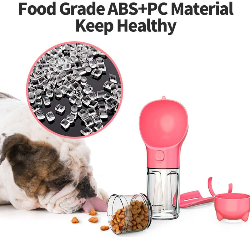 Portable 4in1 Pet Dog Water Bottle with Food Storage, Poop Bag Dispenser and Scoop Pink - BeesActive Australia