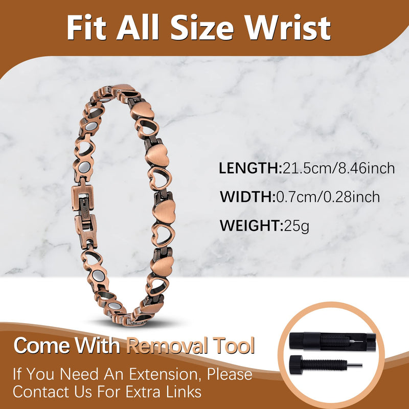 Jeracol Copper Magnetic Bracelets for Women,99.99% Solid Copper Women Wristband with Ultra Strength 3500 Guass Magnets,Adjustable Size Brazaletes with Remove Tool & Gift Box A-love Heart Design - BeesActive Australia