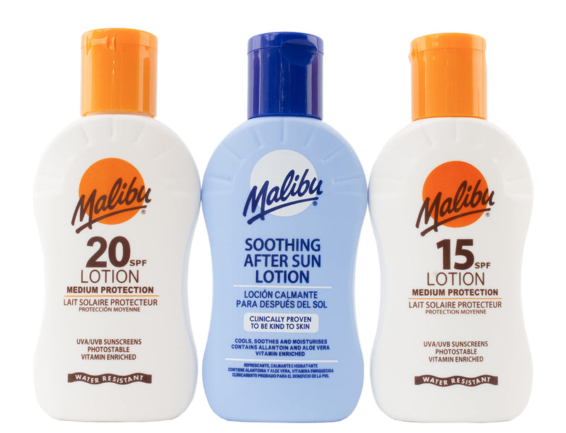 Malibu Sun Travel Essentials with Medium Suncream Protection and Soothing Aftersun Lotion, Water Resistant, SPF 15 and 20, Multipack, 3 x 100ml - BeesActive Australia