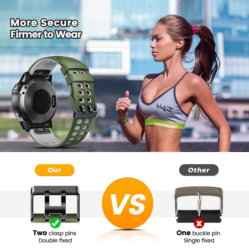 CUZOW Watch Band for Fenix 6 Pro/Fenix 6/Fenix 5/Fenix 5 Plus/Forerunner 945/Forerunner 935/Approach S60/Quatix 5, 22mm Quick Release Silicone Breathable Watch Strap Accessories (Green-Black) - BeesActive Australia
