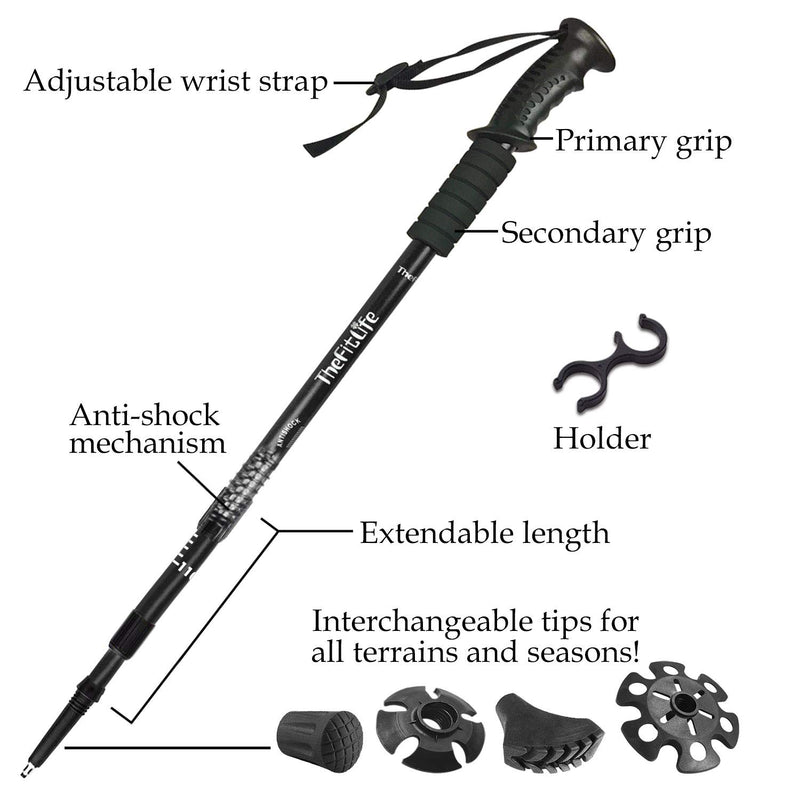 TheFitLife Nordic Walking Trekking Poles - 2 Pack with Antishock and Quick Lock System, Telescopic, Collapsible, Ultralight for Hiking, Camping, Mountaining, Backpacking, Walking, Trekking Black - BeesActive Australia
