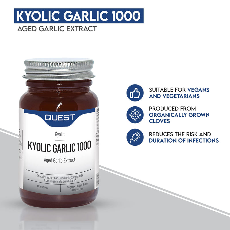 Quest Kyolic Garlic 1000mg High Strength Odourless Aged Garlic Extract for Normal Heart, Liver & Immune Function. Daily Garlic Supplement to Improve Circulation, Liver Detox & Immunity (45 Tablets) Pack Of 1 - BeesActive Australia