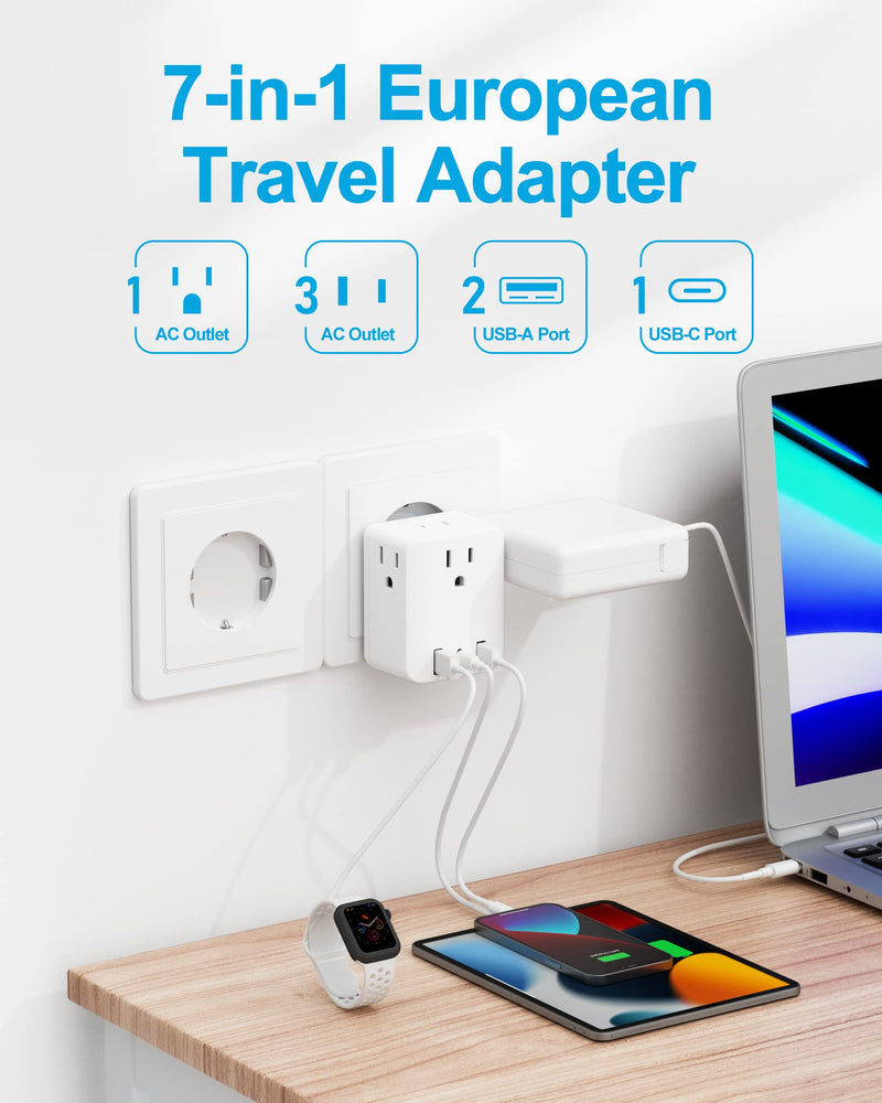 European Travel Plug Adapter,Foldable 4AC International Power Plug Adapter with USB C, Type C Outlet Adaptor Charger for US to Most Europe EU Iceland France Germany Spain Italy Travel FD3AC-1PC - BeesActive Australia
