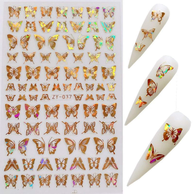 YESORNO 8 Sheets Gold Nail Art Stickers Metallic Butterfly Nail Stickers Manicure Adhesive DIY Nail Decals Laser Silver Nail Sticker A-1 - BeesActive Australia