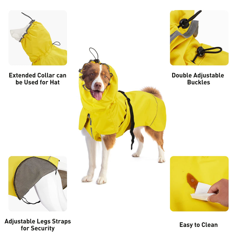 Waterproof Dog Raincoat - Dog Rain Jacket for Large Medium Dogs - Reflective Dog Rain Poncho Hoodie with Drawstring Leash Hole - Adjustable Dog Slicker with Quick-Release Buckle Elastic Straps Easy On 5XL (Back Length: 23.6") Yellow - BeesActive Australia