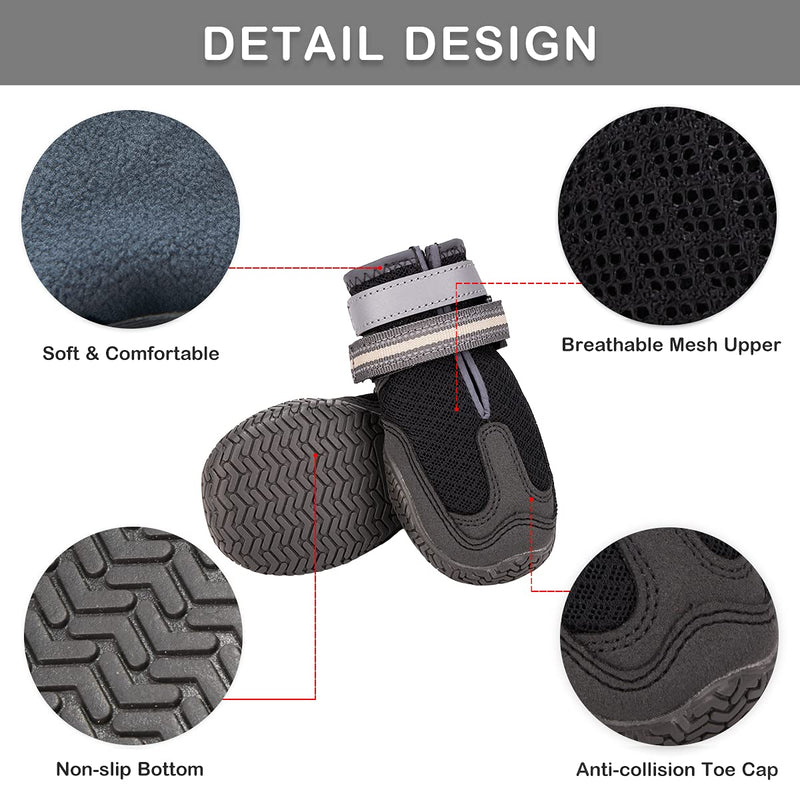 Dog Shoes for Hot Pavement, Mesh Dog Boots with Rugged Anti-Slip Sole, Summer Dog Booties Breathable Durable with Adjustable & Reflective Straps for Medium Large Dogs Hiking Jogging Backpacking #4 Black-4pcs - BeesActive Australia
