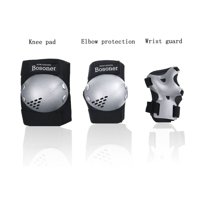 BOSONER Kids/Youth Knee Pads Elbow Pads Wrist Guards Set for 3-15 Years, Child Protective Gear Set for Multi-Sports Outdoor, Roller Skates, Cycling, BMX Bike, Skateboard, Inline Skating, Scooter Riding Sports Silver Black Small (3-7 years) - BeesActive Australia