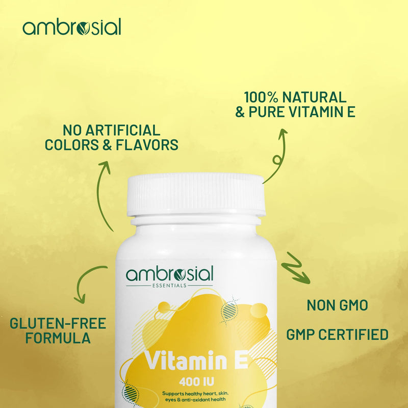 Ambrosial Vitamin E Capsules for Skin & Face VIT E 400 IU| Natural & Pure Vitamin E Oil Capsules |Highly Absorbable & High Strength| Hair Skin & Nail Vitamins for Women & Men (Pack of 1-60 Softgels) 60 count (Pack of 1) - BeesActive Australia