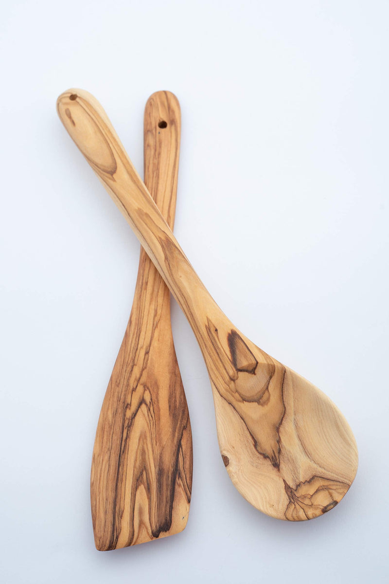 Handcrafted Olive Wood Cooking Spoon & Spatula (10 Inch Set of 2 Pieces) Carved by Talented Artists in Israel, Practical Wooden Utensils Last for So Long, Resistant of Scratch 10 Inch - BeesActive Australia