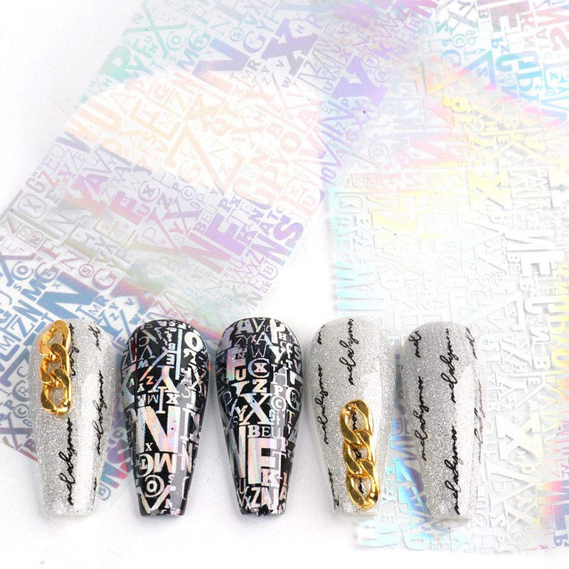 Lookathot 10Sheets Laser Sky Stars Nail Art Stickers Gold Silver English Words Pattern Symphony Foil Paper Printing Transfer Acrylic Decals DIY Decoration Tools - BeesActive Australia