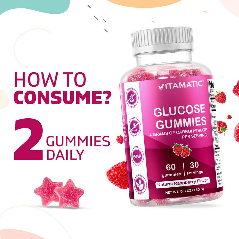 Vitamatic Glucose Chweble Gummies - 60 Count - Natural Raspberry Flavor - 4G of Carbohydrate per Serving - BeesActive Australia