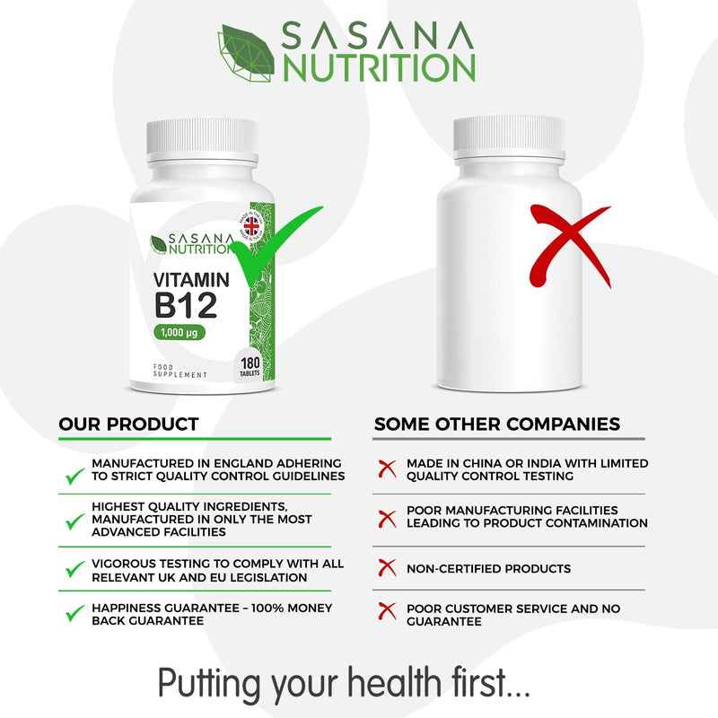 Sasana Nutrition Vitamin B12 Tablets High Strength 1000mcg - 180 Vegan/Vegetarian Tablets 6 Months Supply � B12 Vitamin Manufactured in The UK - BeesActive Australia