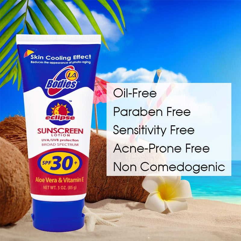 LA BODIES Sunscreen Moisturizing Face & Body Lotion (SPF 30) w/Aloe Vera for Cooling Sensation | Works with Acne Prone Skin | UVA UVB Protection Sunblock | 3oz 30 SPF - BeesActive Australia