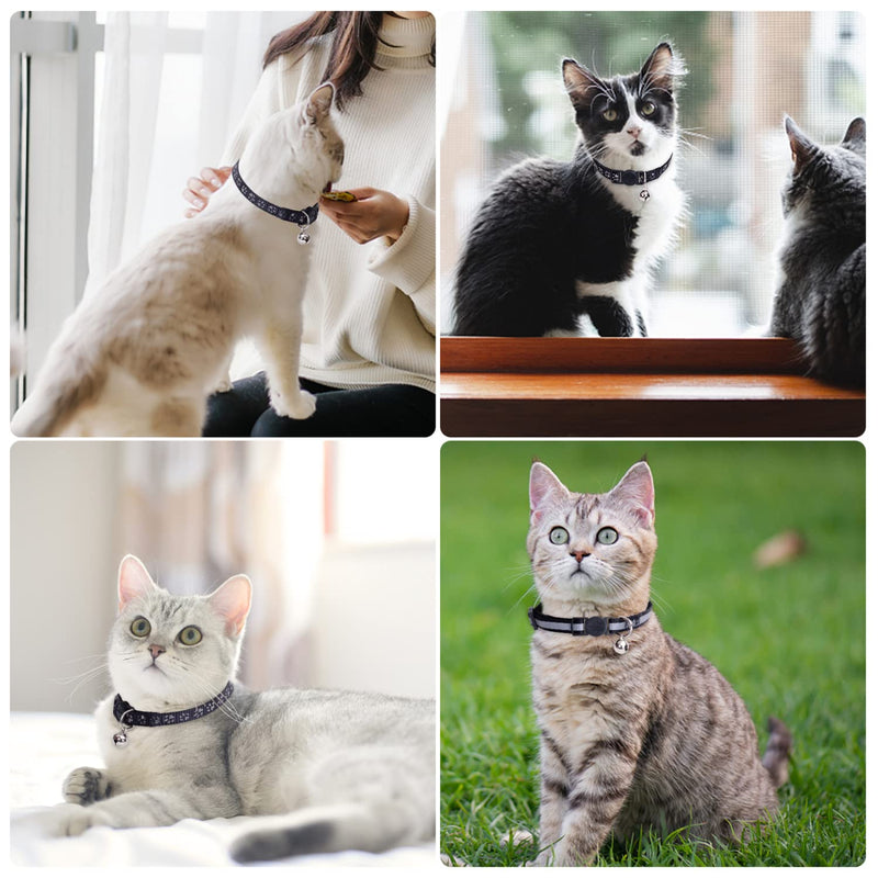 Nobleza Kitten Collar with Bell, 2 Pack Breakaway Cat Collars with Safe Quick Release Buckle, Paw Print & Strip Reflective Adjustable Soft Pet Collar Black - BeesActive Australia