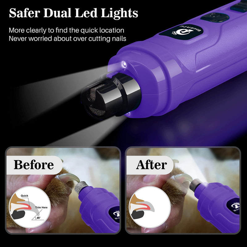 BOUSNIC Dog Nail Grinder with 2 LED Light - Super Quiet Pet Nail Grinder Powerful 2-Speed Electric Dog Nail Trimmer File Toenail Grinder for Puppy Small Medium Large Breed Dogs & Cats Purple - BeesActive Australia