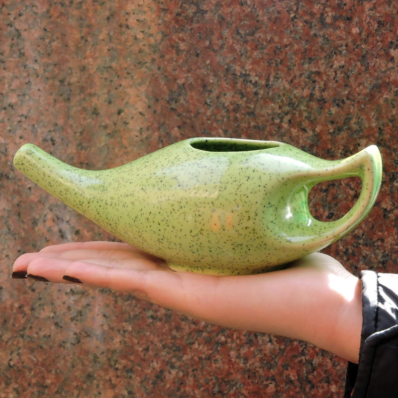 Porcelain Ceramic Neti Pot for Nasal Cleansing Freckle Pattern Green | Natural Treatment for Sinus, Infection and Congestion - BeesActive Australia