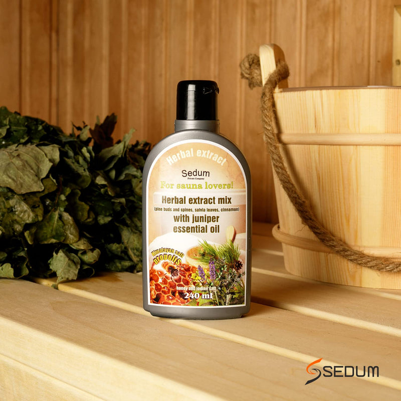 Sedum Natural Herbal Extract for Sauna, Massage, Broom Soaking - Herbal Sauna Extract Mix (Pine Buds and spines, salvia Leaves, Cinnamon) with Juniper Essential Oil, Honey and Iodine Salt - 240ml Pine Buds and Spines, Salvia , Cinnamon, Juniper - BeesActive Australia